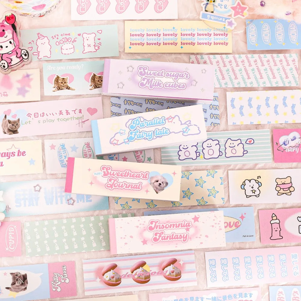 Mr. Paper Cute Animal Long Strip Sticker Simple English Guka Hand Account Decoration Kawaii Stickers Stationery 50pcs/book